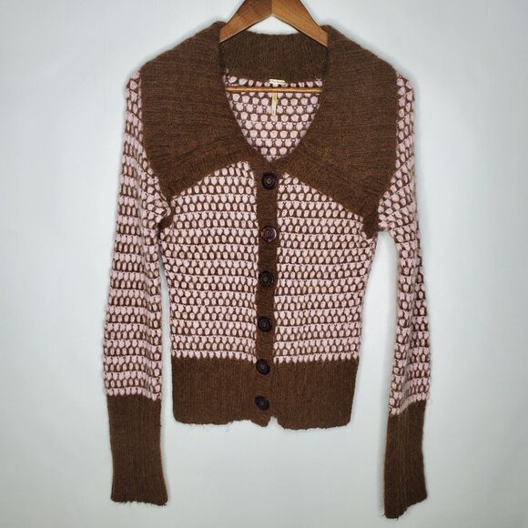 Free People Womens Alpaca Blend Pink Brown Geometric Button Up Cardigan Size M - Picture 1 of 9
